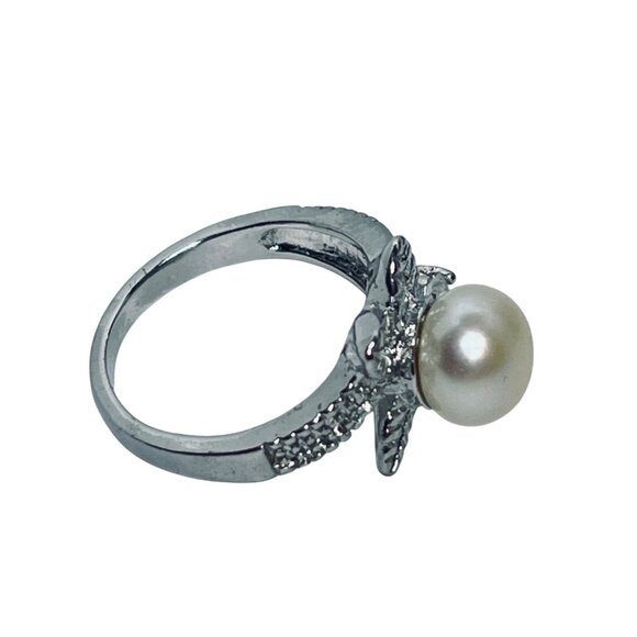 Faux Pearl & Clear Rhinestone Silver Tone Flower Statement Ring Sz 6 (R422) - Picture 4 of 7